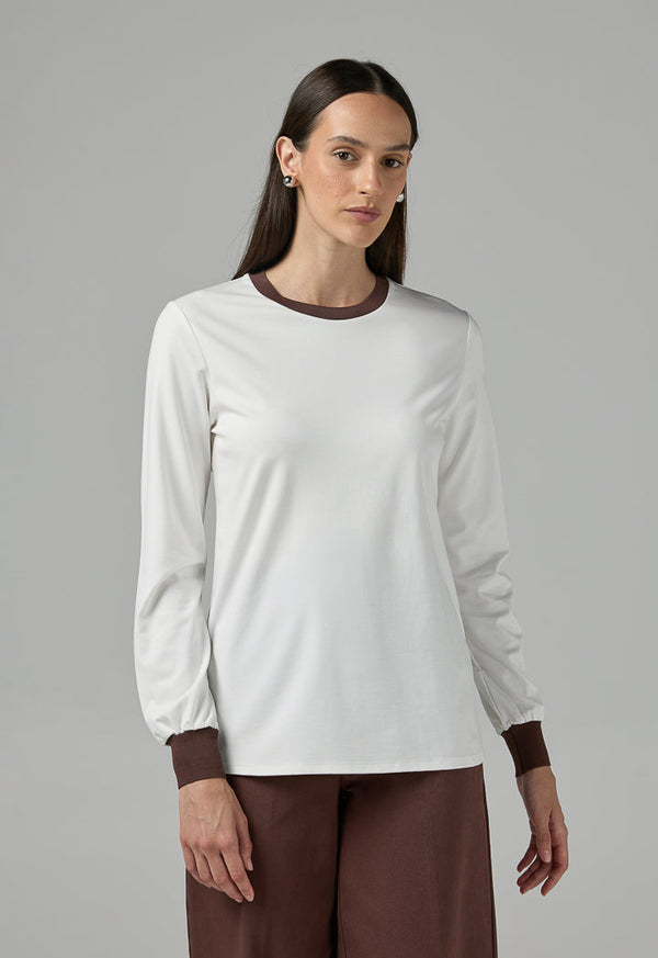 Choice Contrast Long Sleeve Blouse Off White