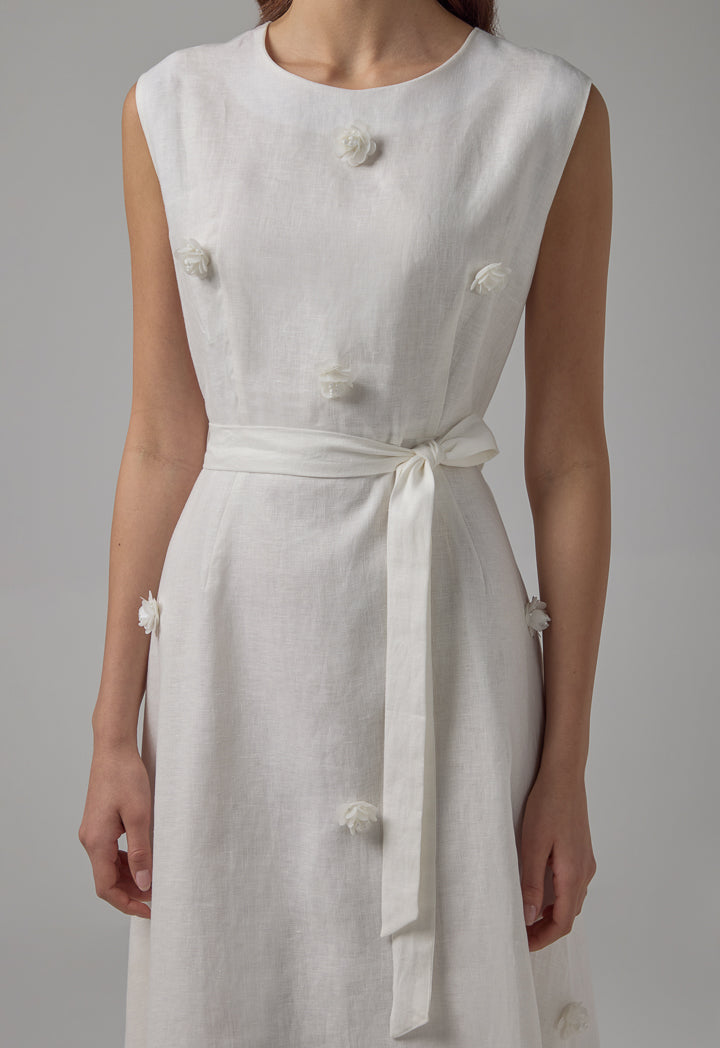 Choice Sleeveless Flared Linen Belted Dress Off White