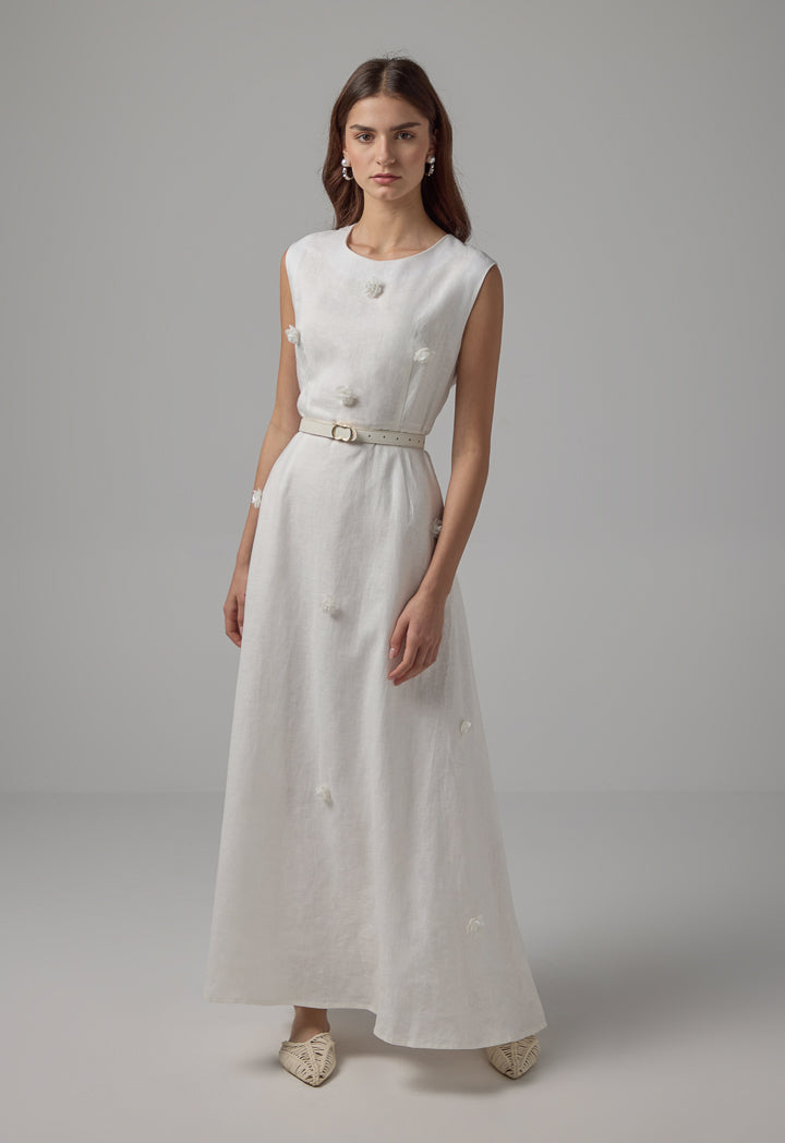 Choice Sleeveless Flared Linen Belted Dress Off White