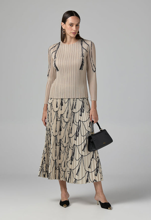 Choice Contrast Printed Pleated Top Beige