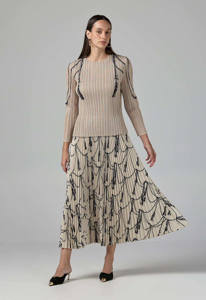 Choice Contrast Printed Pleated Top Beige