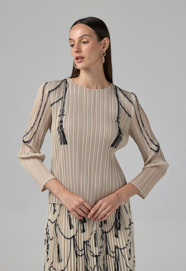 Choice Contrast Printed Pleated Top Beige