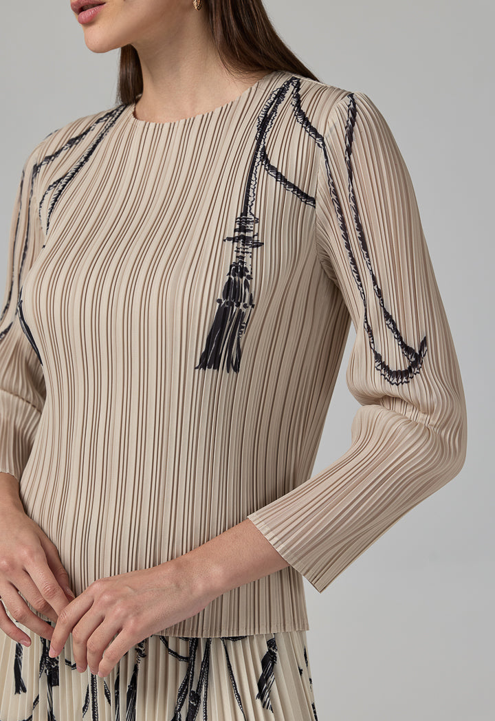 Choice Contrast Printed Pleated Top Beige