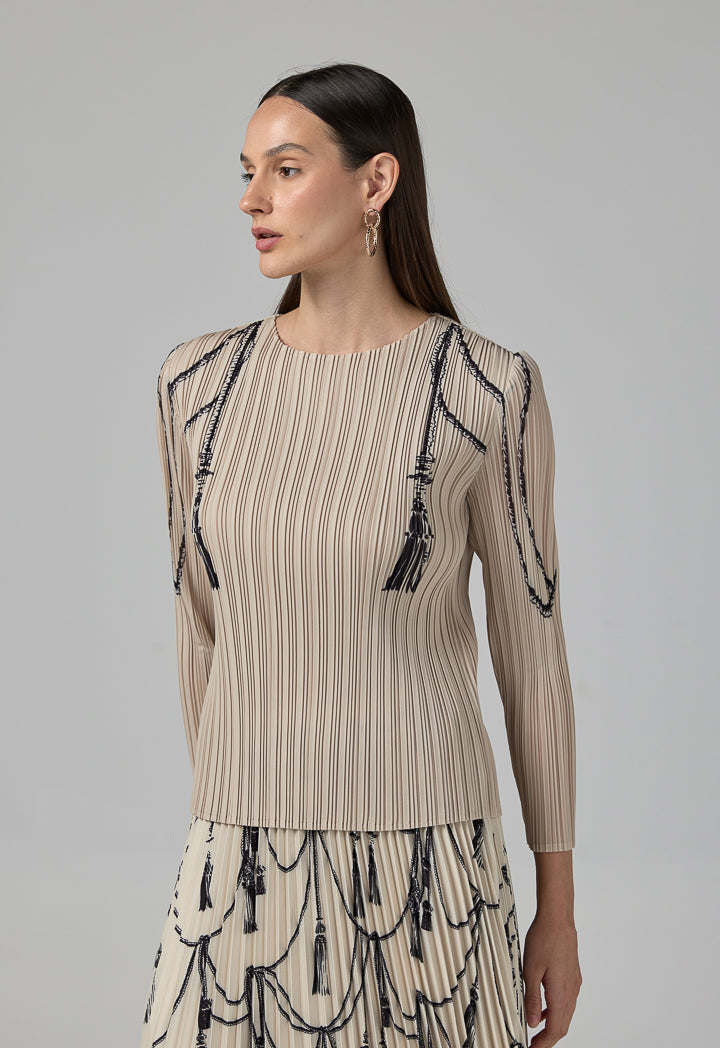 Choice Contrast Printed Pleated Top Beige