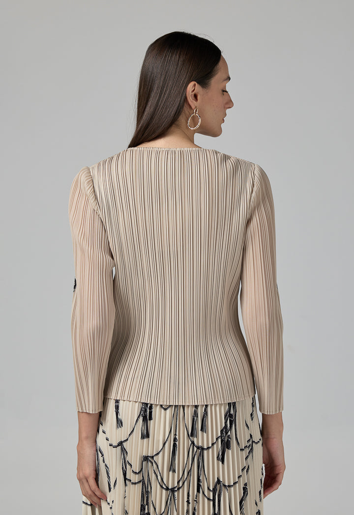 Choice Contrast Printed Pleated Top Beige