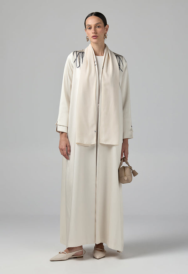 Choice Long Sleeve Contrast Abaya With Hijab (2 Pcs) Beige