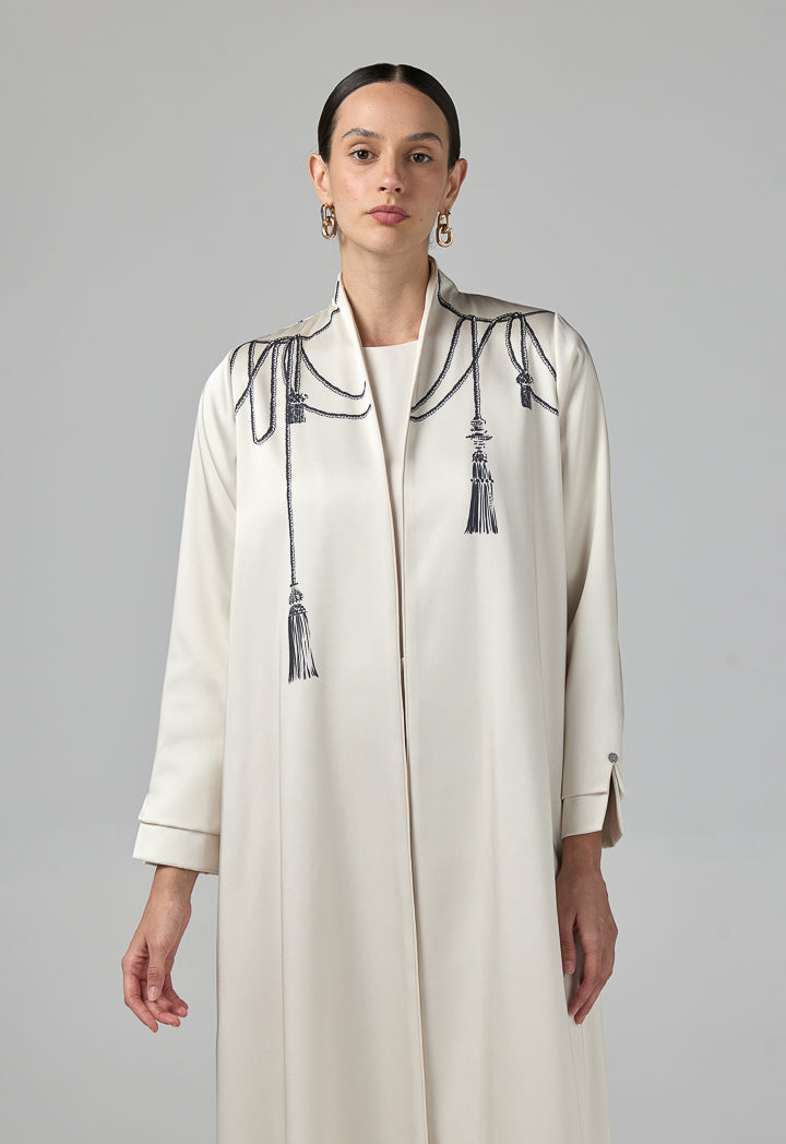 Choice Long Sleeve Contrast Abaya With Hijab (2 Pcs) Beige