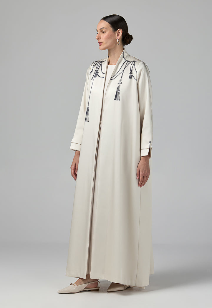 Choice Long Sleeve Contrast Abaya With Hijab (2 Pcs) Beige