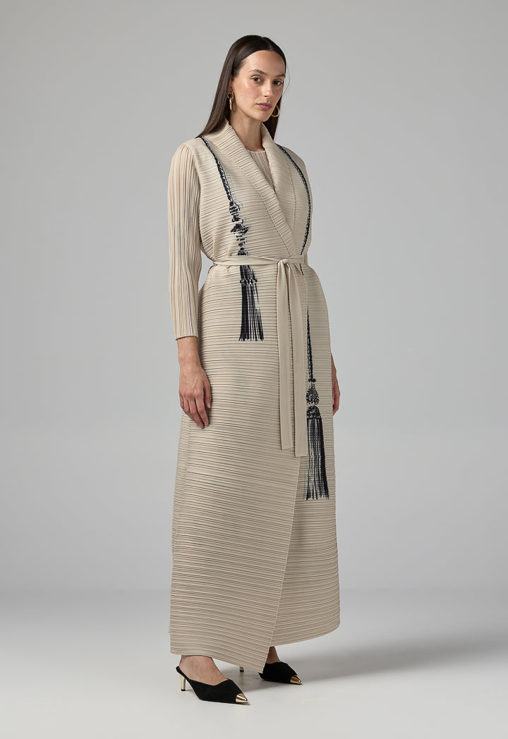 Choice Long Sleeve Printed Maxi Abaya Beige