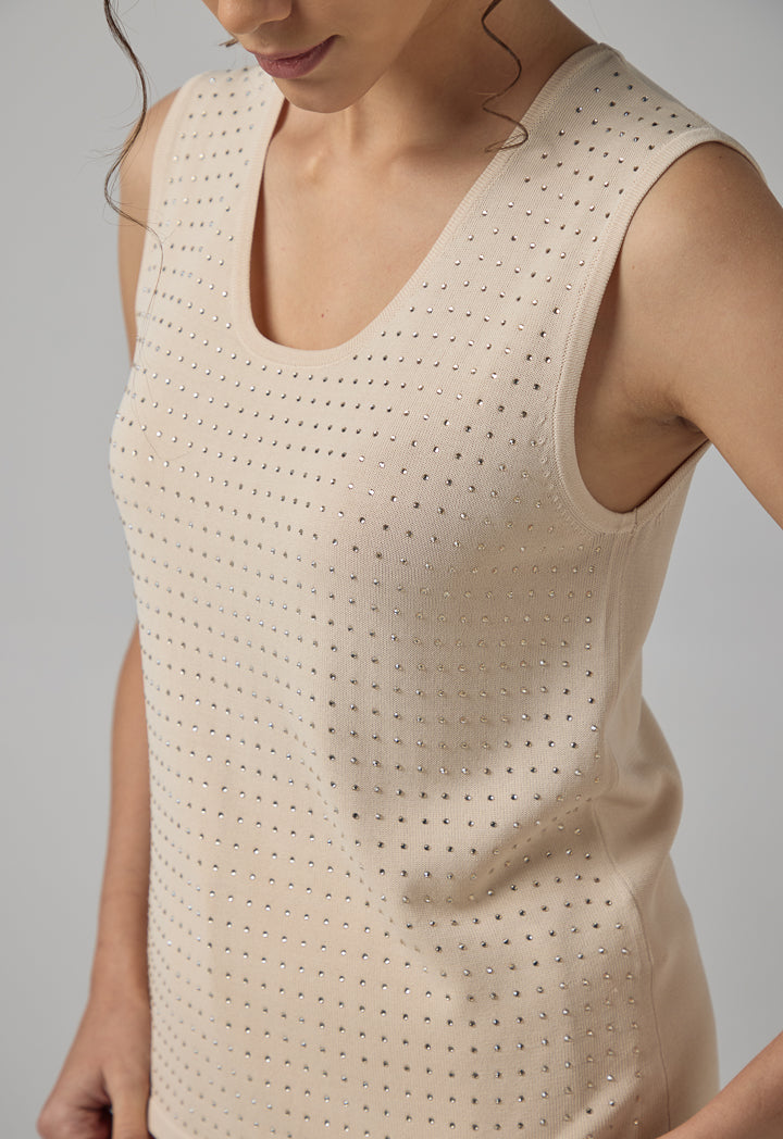 Choice Sleeveless Crystal Embellished Knitted Top Beige