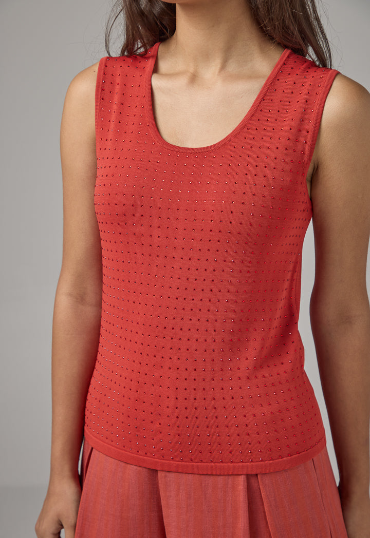 Choice Sleeveless Crystal Embellished Knitted Top Red