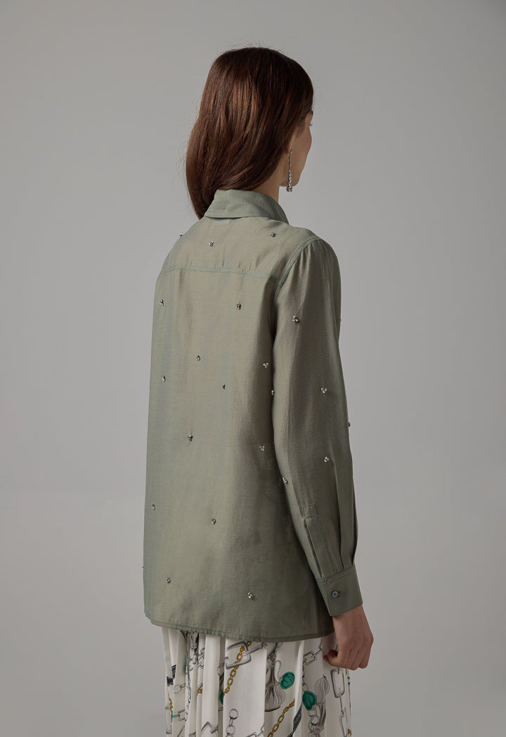 Choice Solid Crystal Embellished Shirt Olive