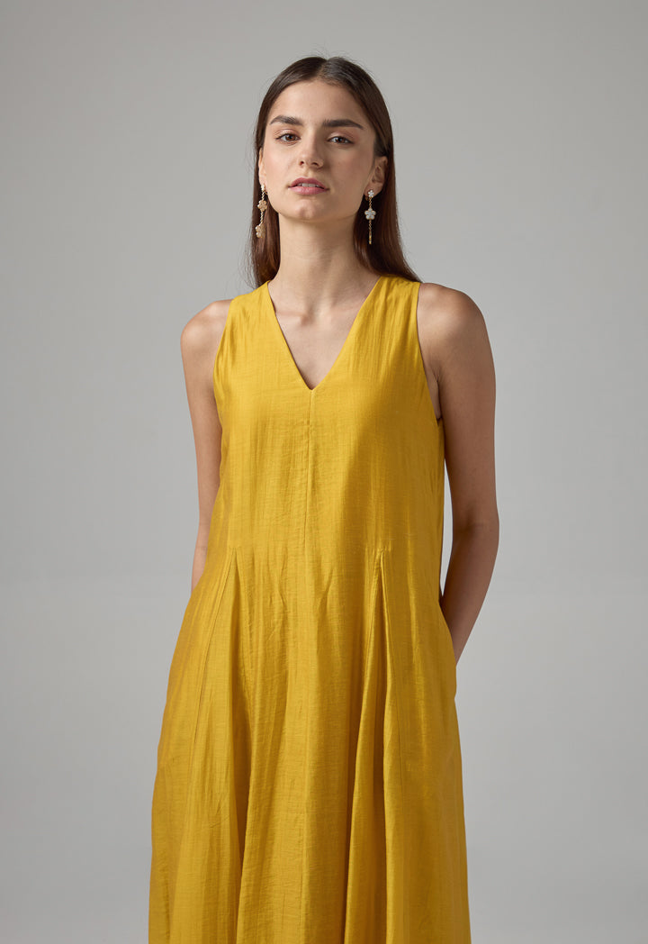 Choice Solid Sleeveless Flared Dress Gold