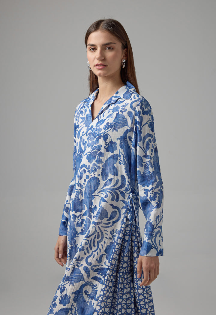 Choice Floral Printed Oversize Flared Dress Blue