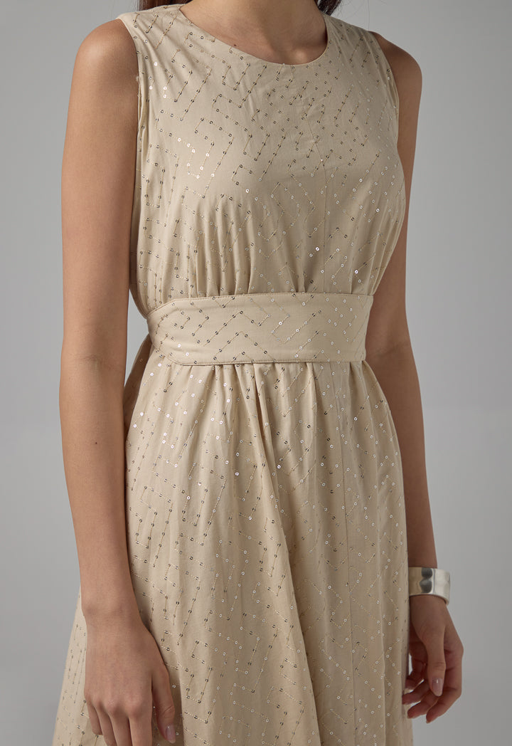 Choice Sequin Embellished Belted Maxi Dress Beige