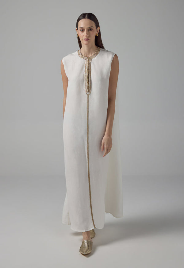 Choice Sleeveless Flared Lurex Kaftan Dress Off White