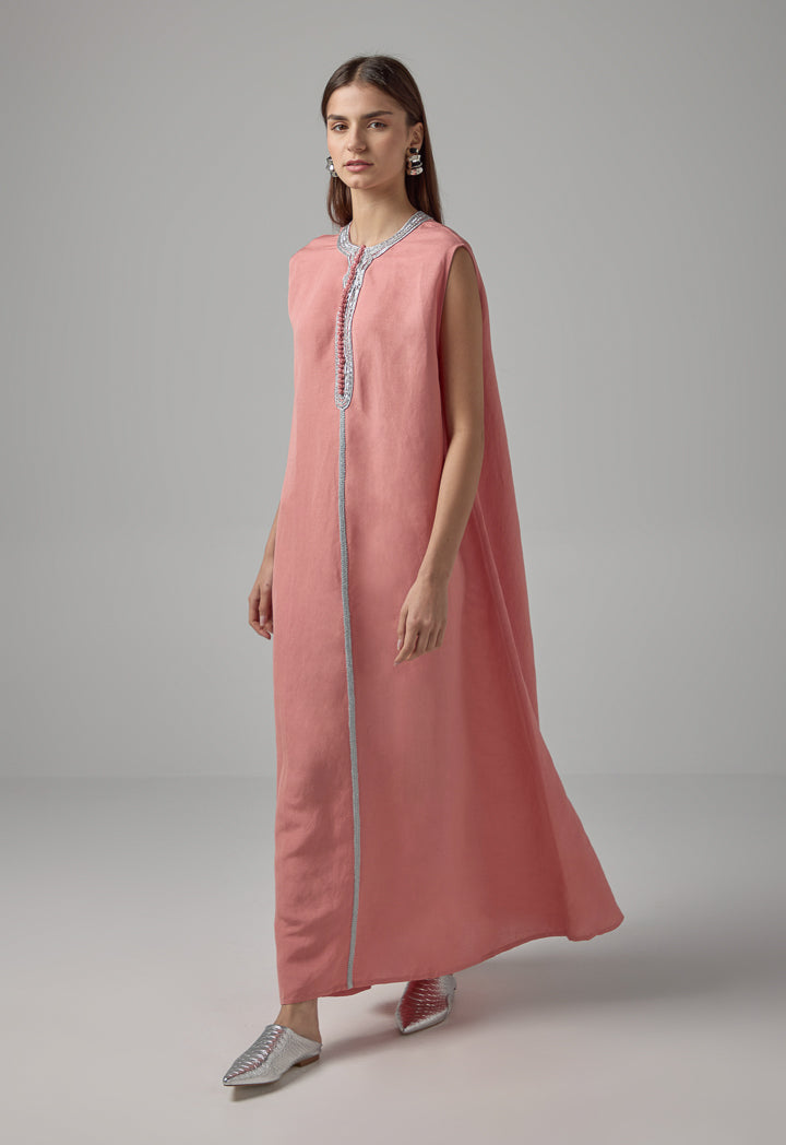 Choice Sleeveless Flared Lurex Kaftan Dress Salmon