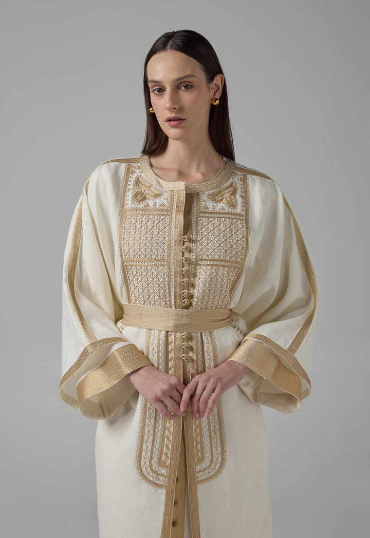 Choice Lurex Embroidered Flared Belted Abaya Off White