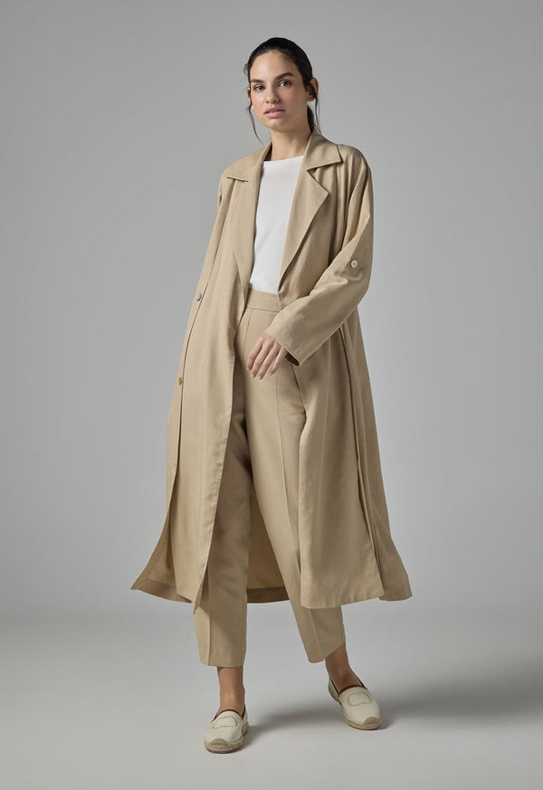 Choice Solid Long Sleeve Belted Coat Beige