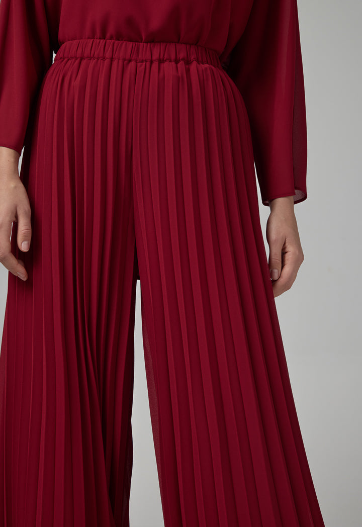 Choice Solid Elastic Waistband Pleated Trousers Burgundy