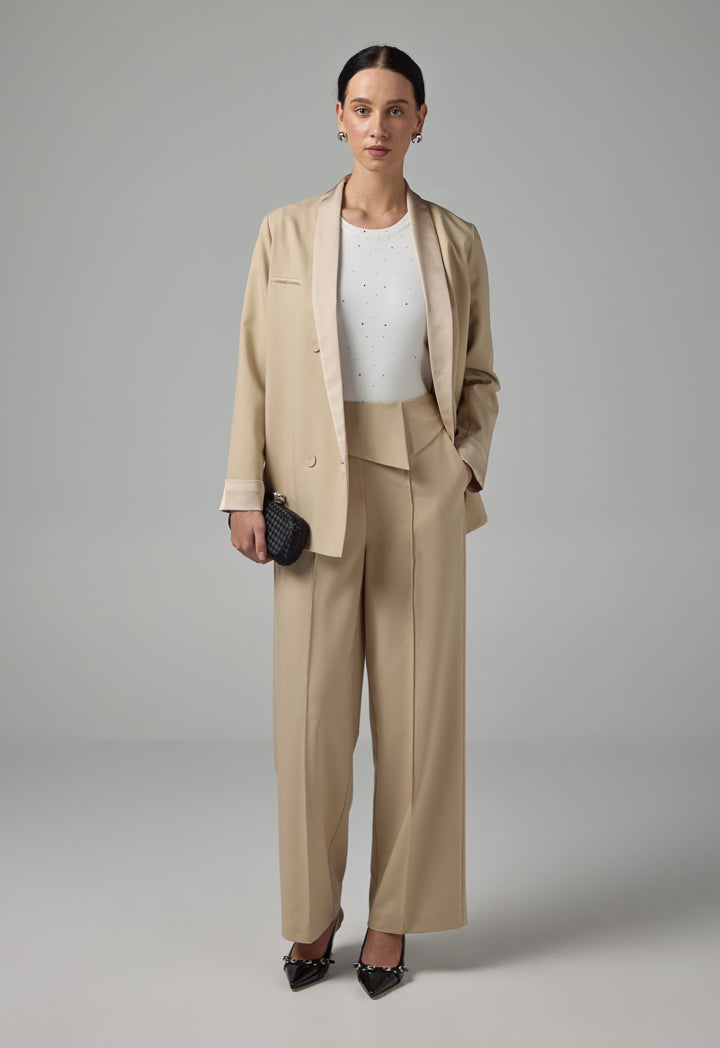 Choice Basic Front Pin Tuck Wide Leg Trousers Beige