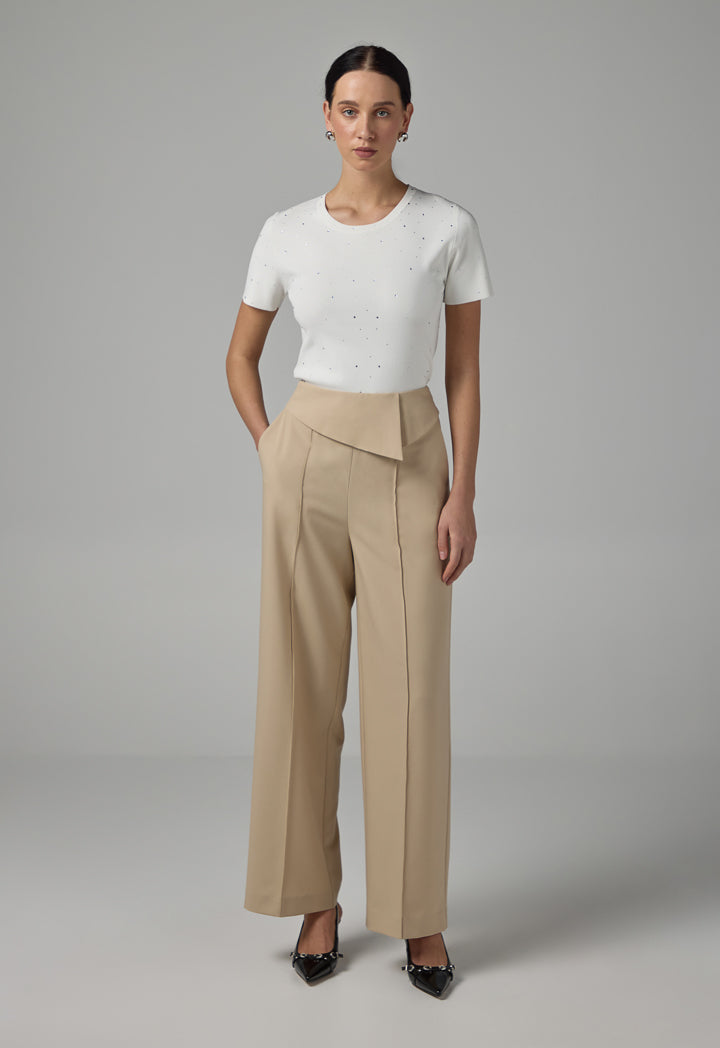 Choice Basic Front Pin Tuck Wide Leg Trousers Beige