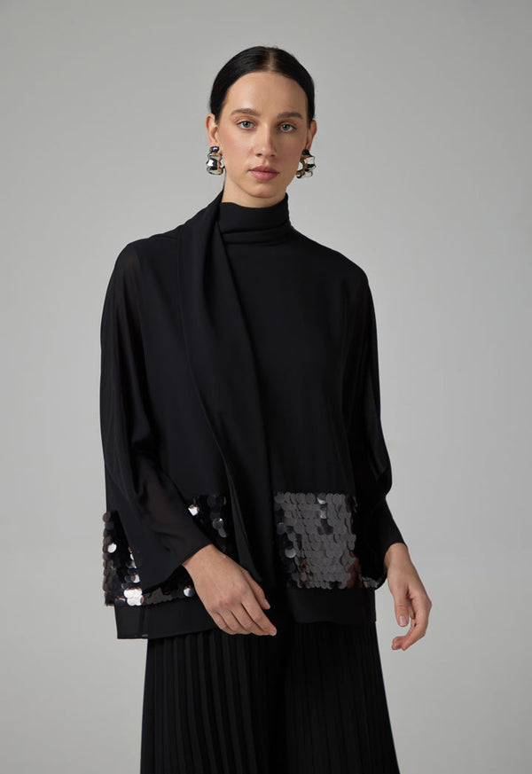 Choice Solid Kimono Sleeve Sequin Blouse Black