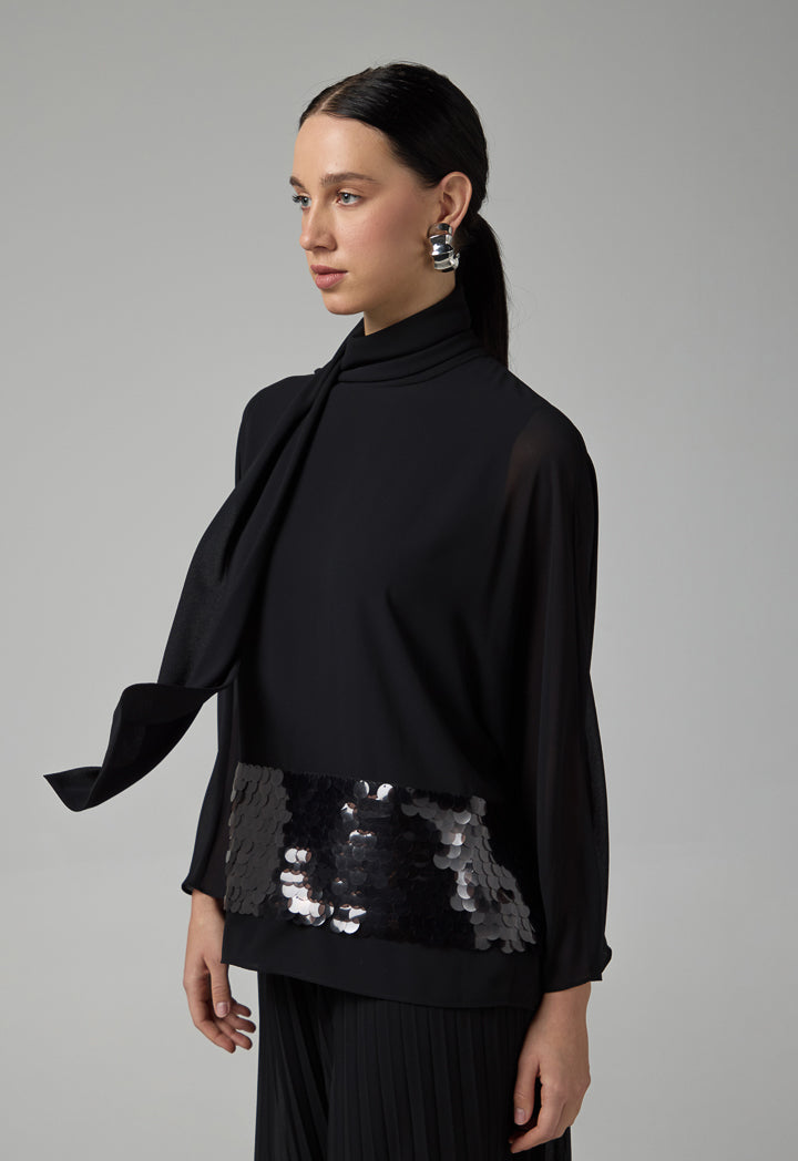 Choice Solid Kimono Sleeve Sequin Blouse Black