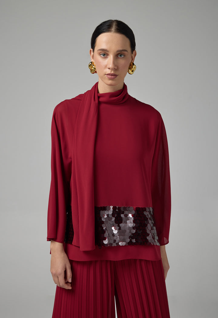 Choice Solid Kimono Sleeve Sequin Blouse Burgundy