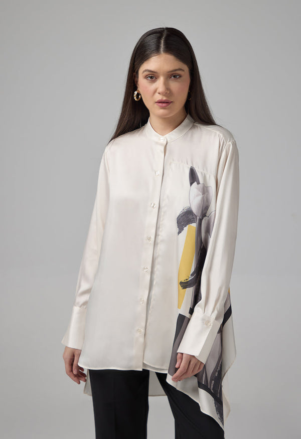 Choice High-Low Floral Printed Shirt Beige