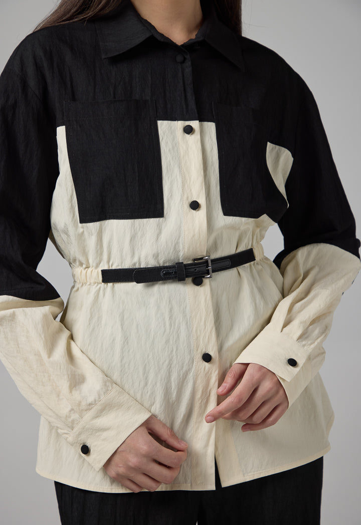 Choice Contrast Front Pockets Relaxed Fit Shirt Black