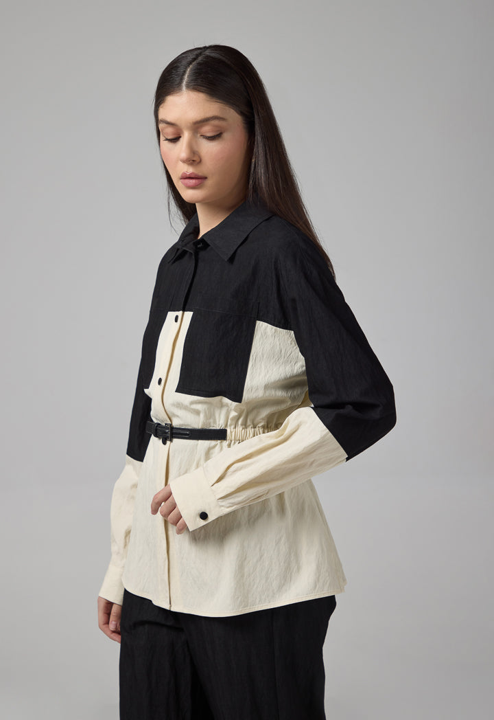 Choice Contrast Front Pockets Relaxed Fit Shirt Black
