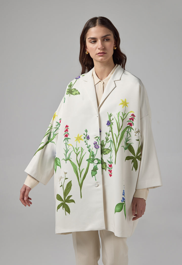 Choice Floral Printed Crystal Embellished Coat Beige