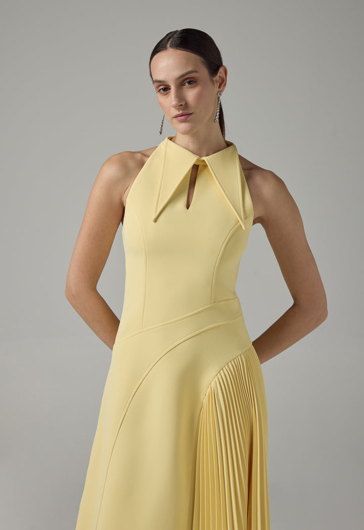 Choice Pointed Collar Pleated Maxi Dress Yellow