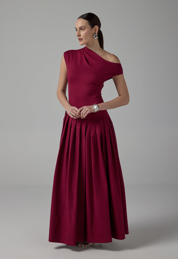 Choice Half Of Shoulder Pleated Dress Wine