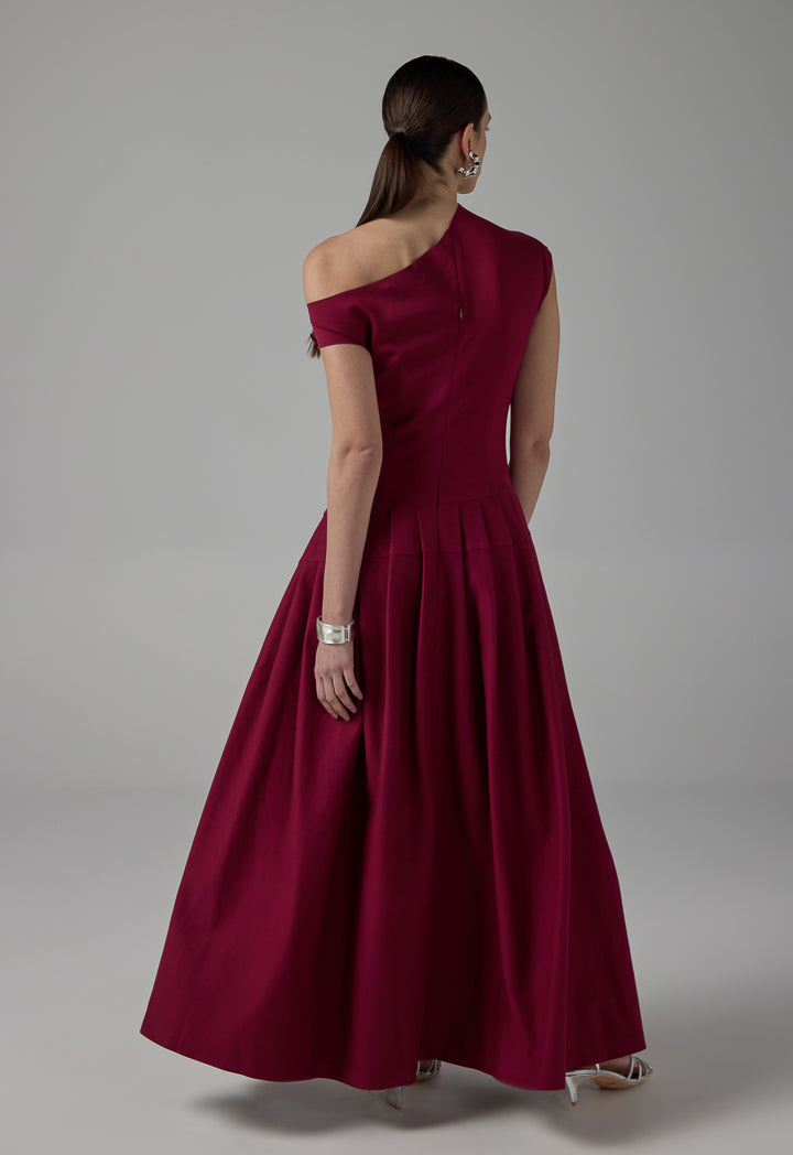 Choice Half Of Shoulder Pleated Dress Wine