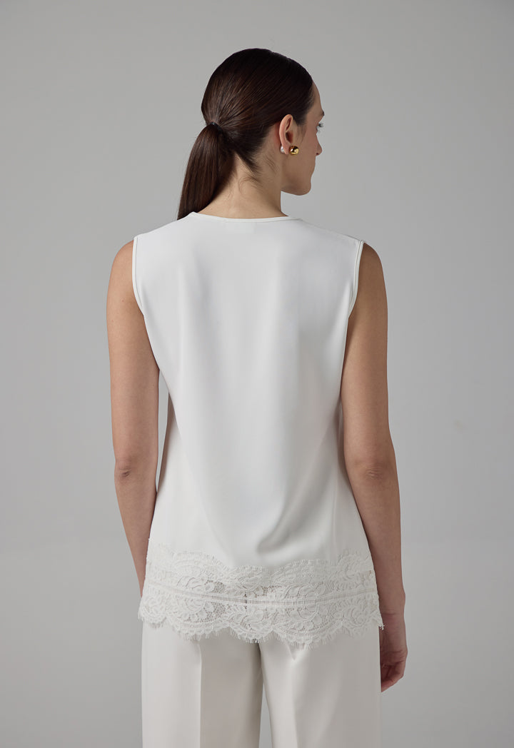 Choice Solid Sleeveless Lace Detail Top Off White