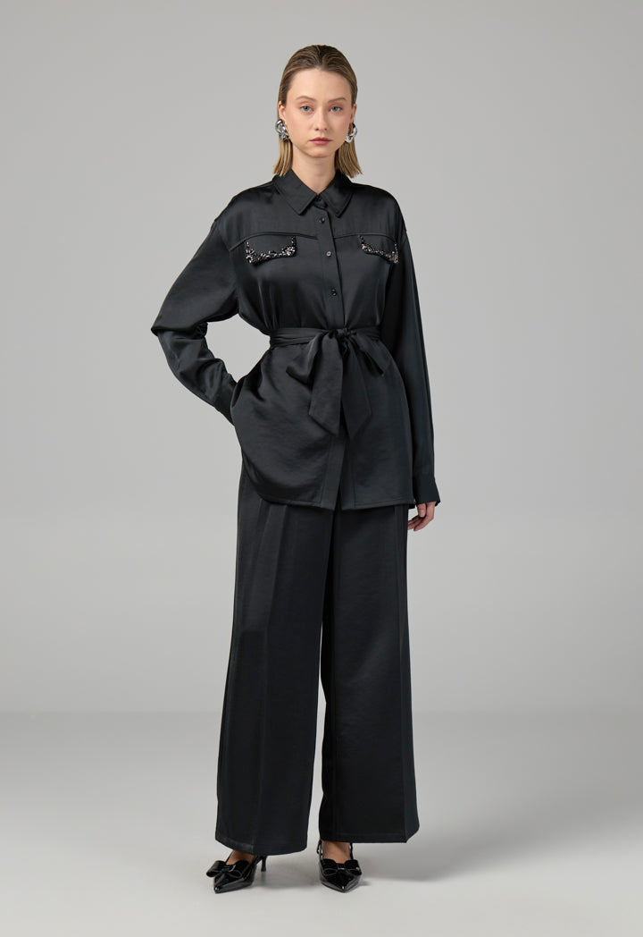 Choice Crystal Embellished Belted Shirt Black