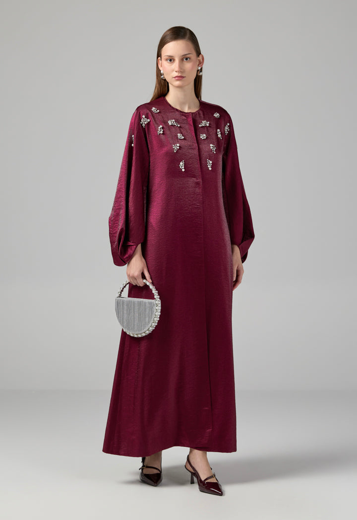 Choice Solid Crystal Pearl Embellished Maxi Coat Cherry
