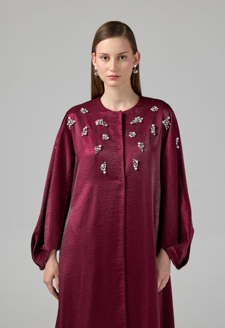 Choice Solid Crystal Pearl Embellished Maxi Coat Cherry