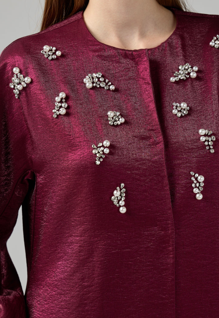 Choice Solid Crystal Pearl Embellished Maxi Coat Cherry