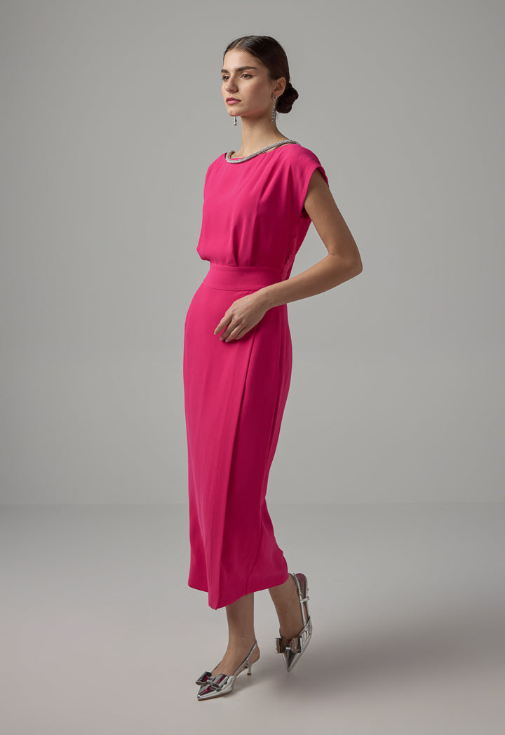 Choice Crystal Embellished Sleeveless Midi Dress Fuchsia