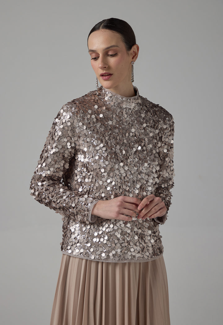 Choice Sequin Long Sleeve Blouse  Sand