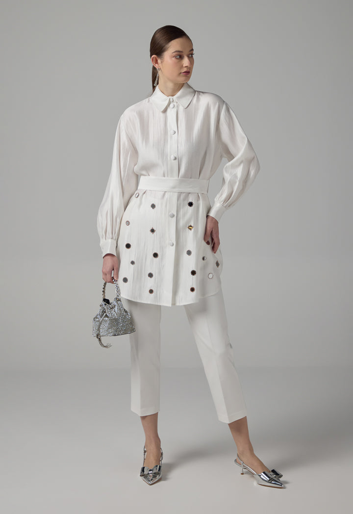 Choice Mirror Embroidered Belted Shirt Off White