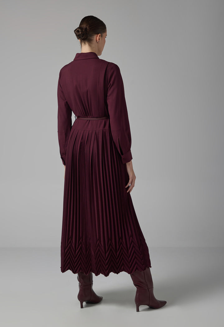 Choice Flap Pockets Pleated Dress Burgundy