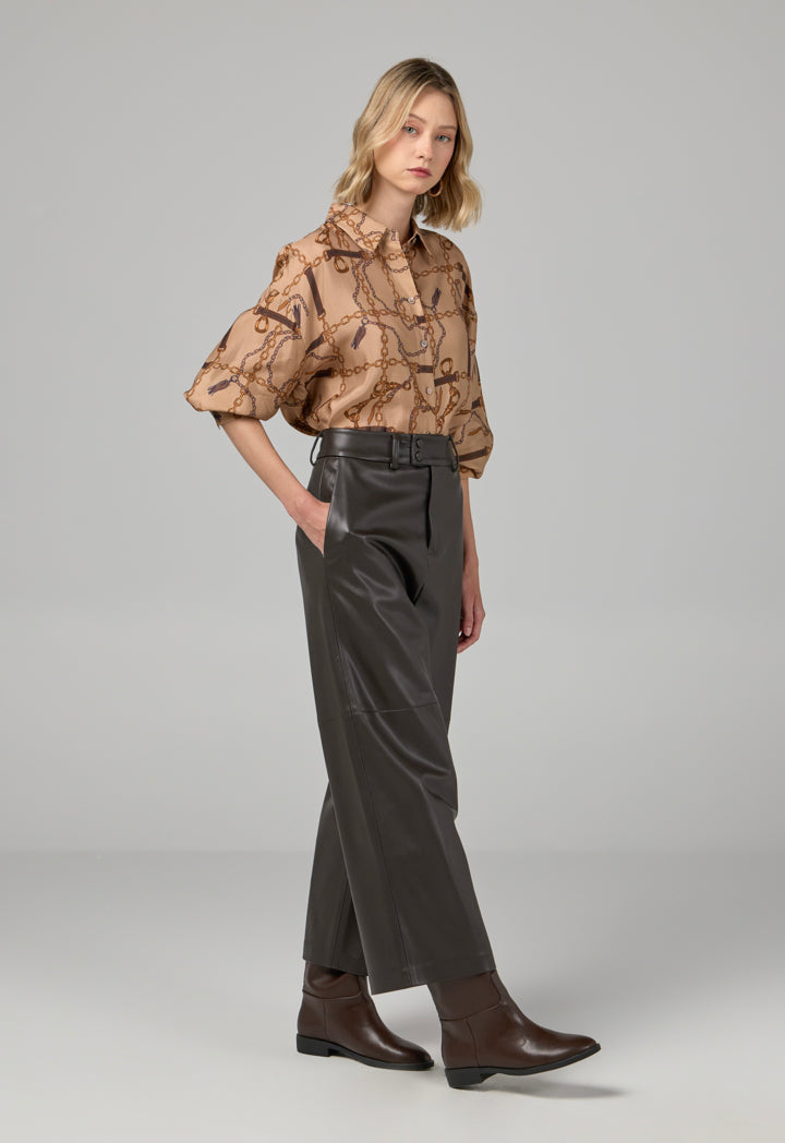 Choice Pu Leather Wide Legs Basic Trousers Brown