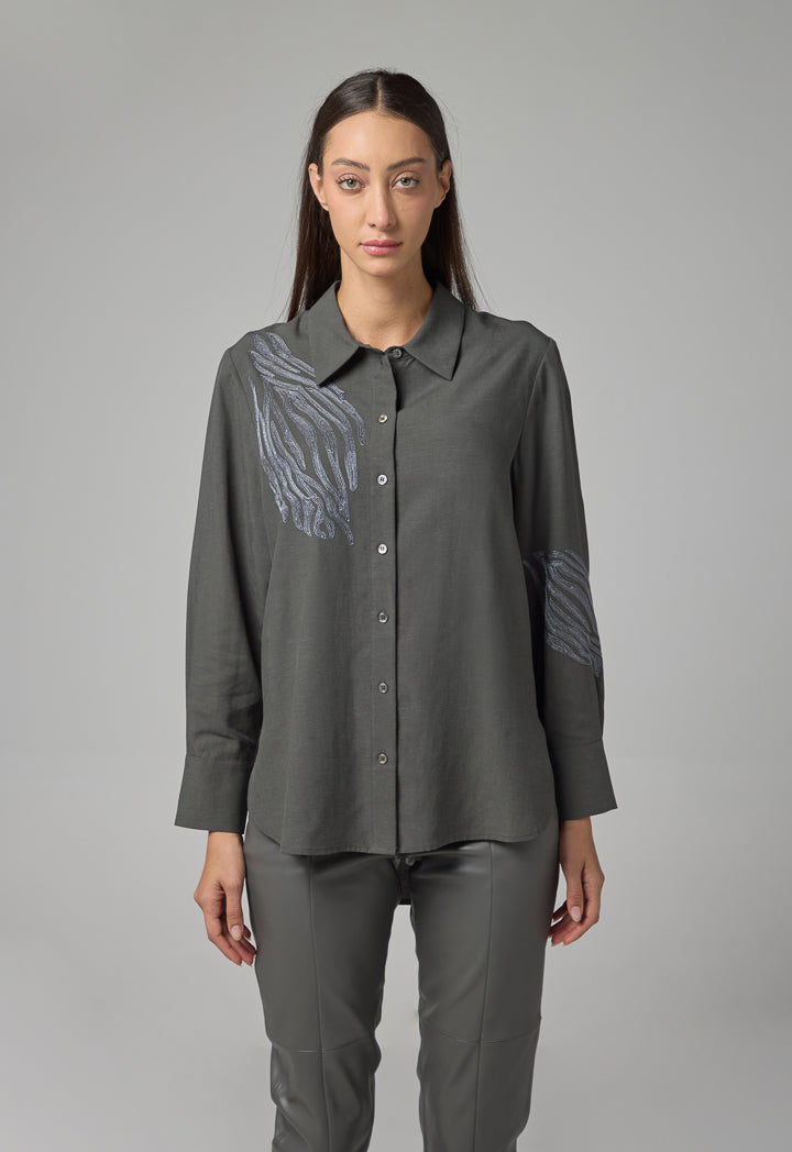 Choice High Low Embroidered Shirt Grey