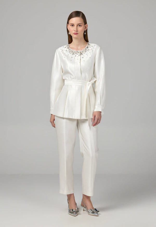 Choice Crystal Embellished Belted Jacket Off White