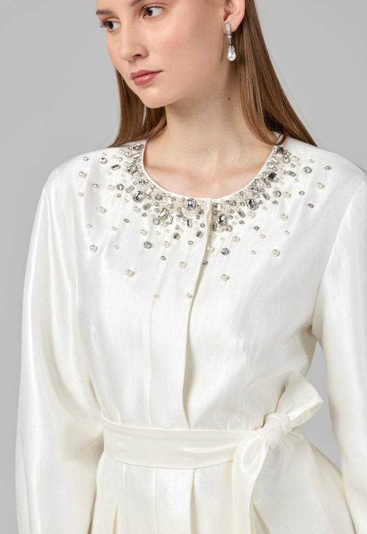 Choice Crystal Embellished Belted Jacket Off White