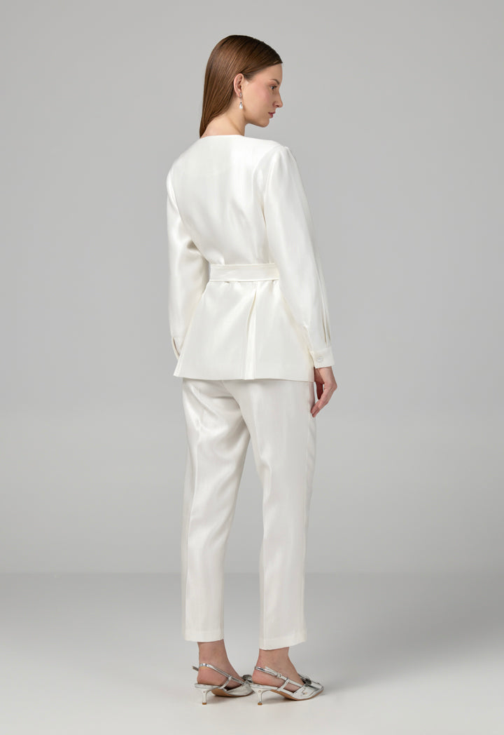 Choice Crystal Embellished Belted Jacket Off White